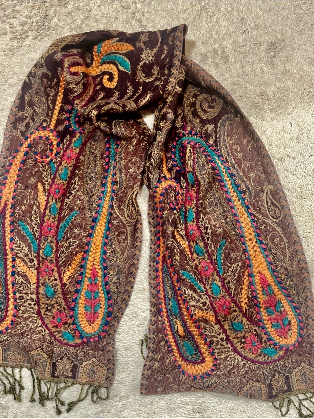 NWT Embroidered Paisley Winter Scarf - Brown with Teal & Orange Accents